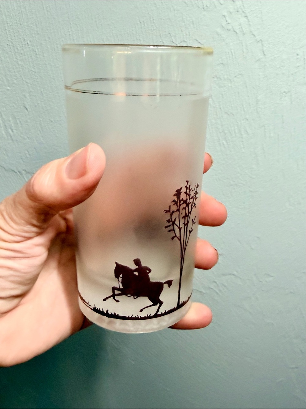 Vintage Frosted Highball Glasses with Black Silhouette Horse & Carriage Design - Picture 6 of 10